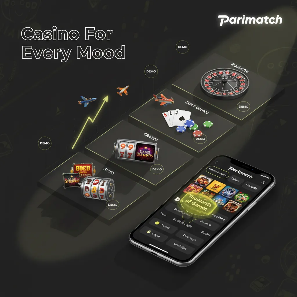 Parimatch casino game types: Slots, Crash, Table, Roulette, Card, Jackpots