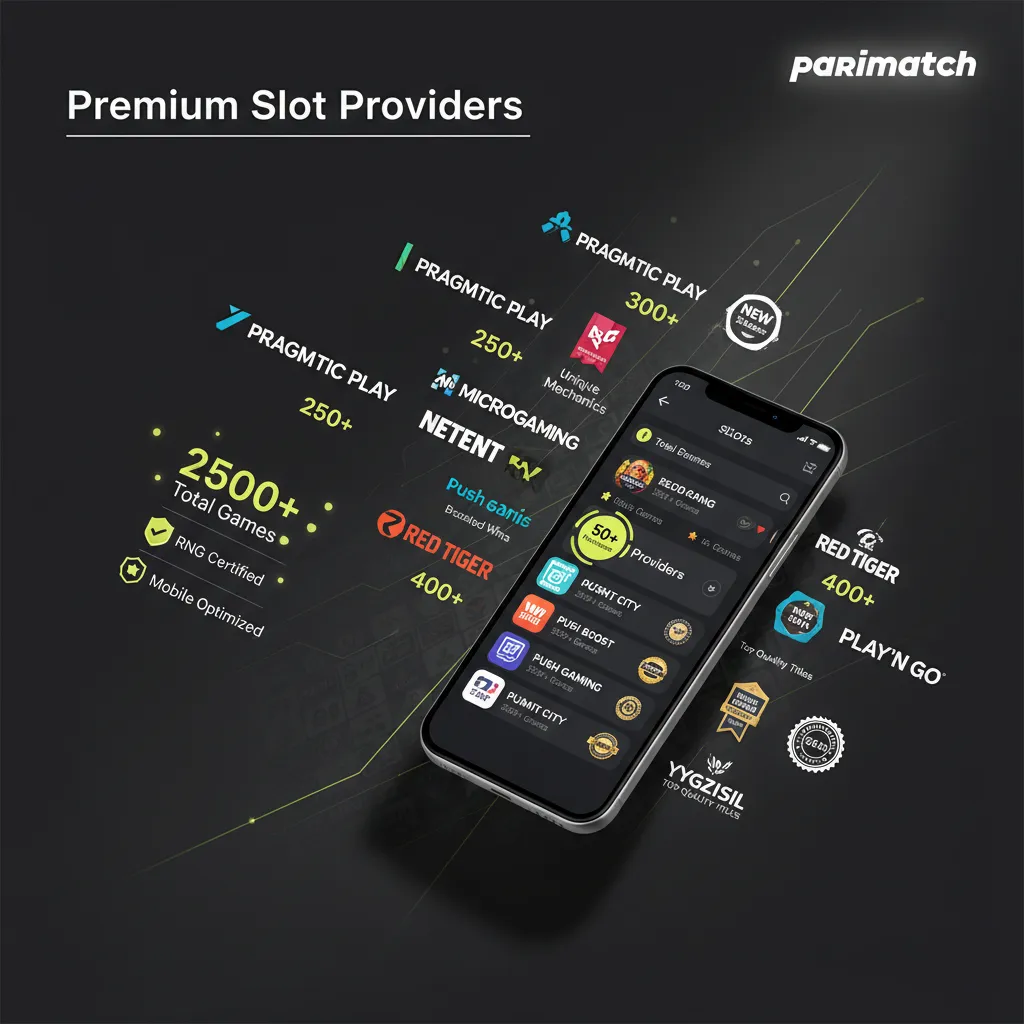 Parimatch slots lobby with 50 providers — Pragmatic Play, NetEnt —f air RNG and mobile-optimized games.