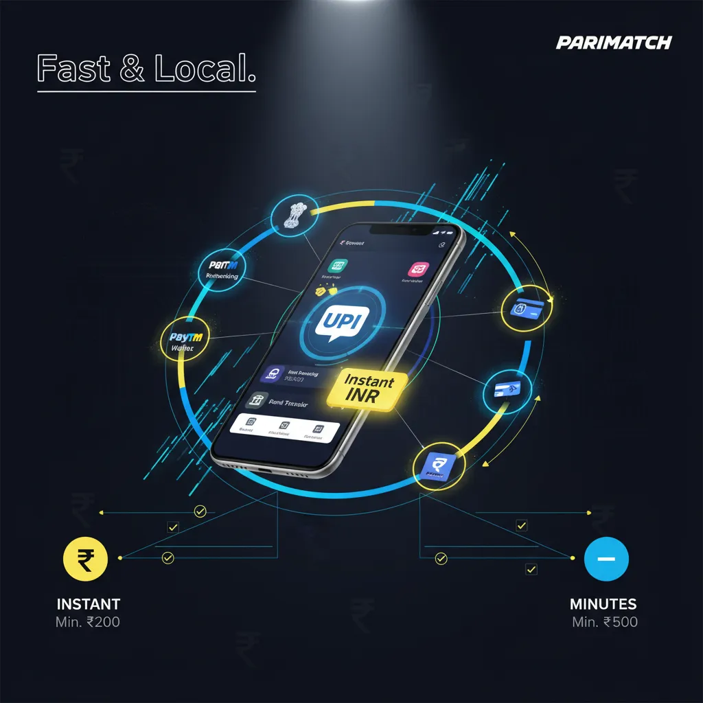 Parimatch India payments: INR deposits and withdrawals via UPI, Paytm, PhonePe, GPay; instant deposits, quick payouts.