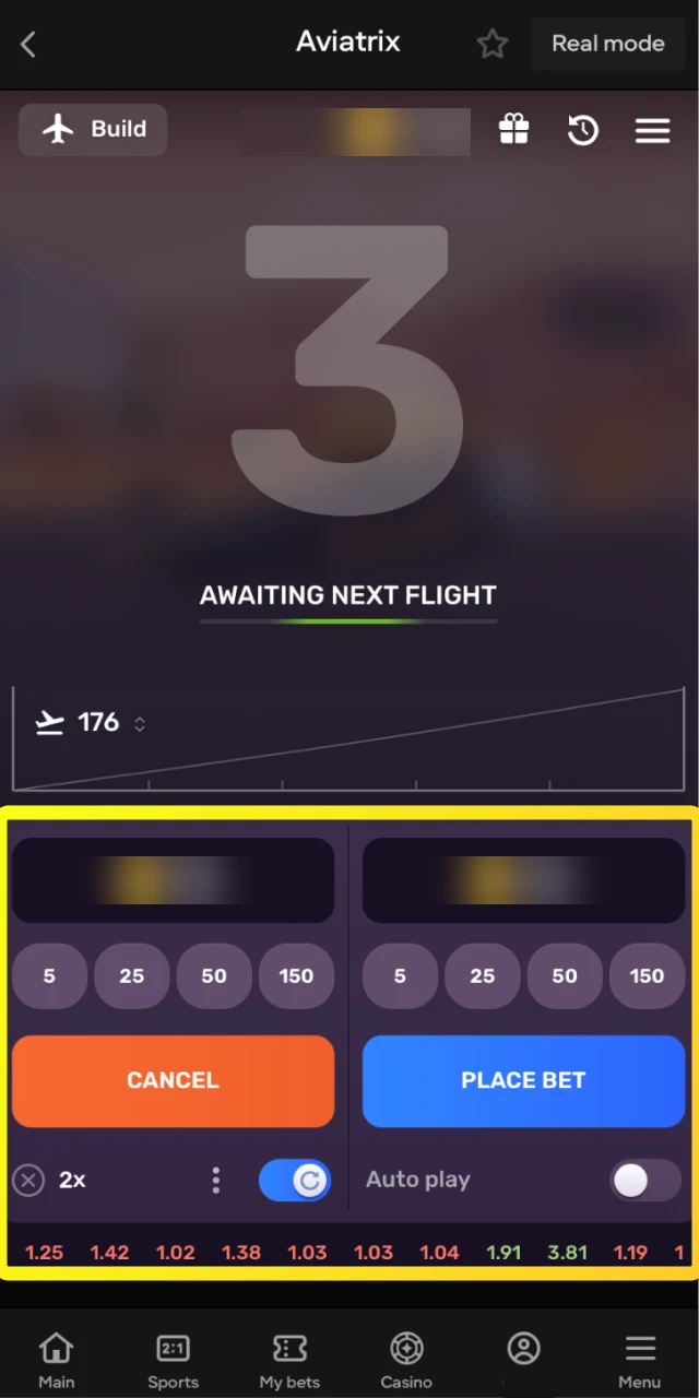The betting interface where you place wagers and set cashout options in Parimatch Aviatrix.