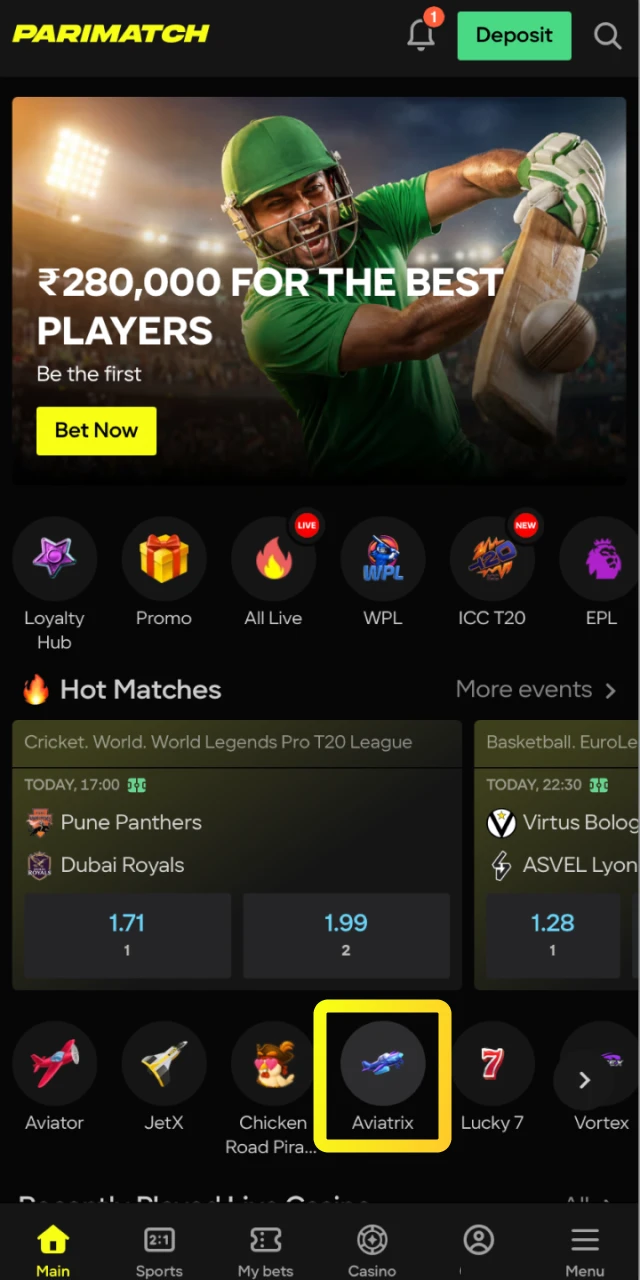 Find and launch the Aviatrix game from the instant games section on the Parimatch platform.