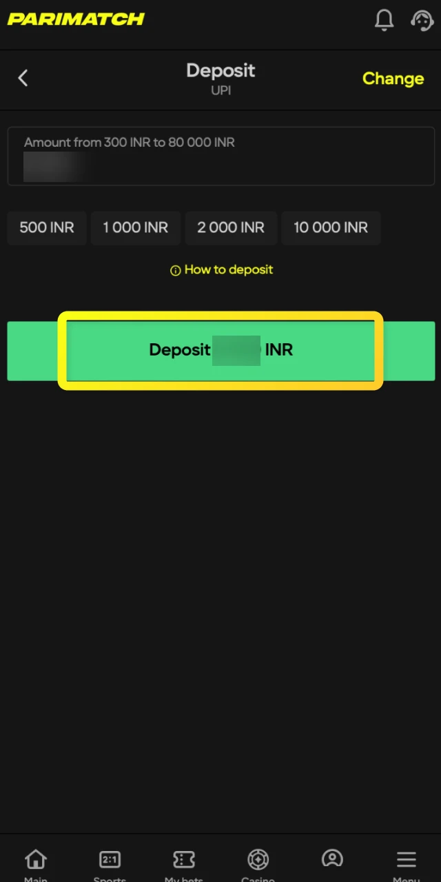 Make an initial deposit in Indian Rupees to fund your Dice gameplay on Parimatch.
