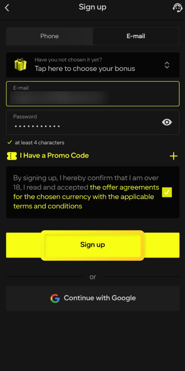 Fill out the quick registration form to create your account for playing Dice on Parimatch.