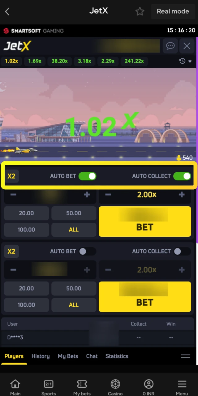 The settings panel for configuring automatic cashout in the JetX game on Parimatch.