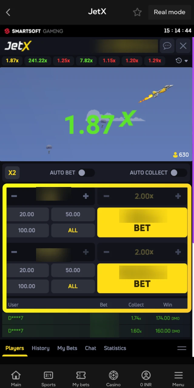 The dual-bet panel interface for placing two separate wagers in a single JetX round on Parimatch.