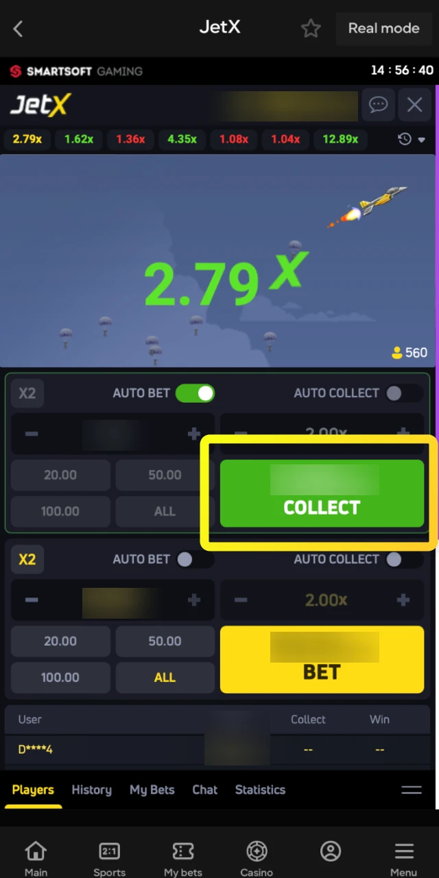 Press the cashout button at the right moment to secure your winnings before the jet explodes in JetX.