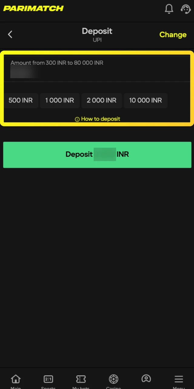 Add Indian Rupees to your Parimatch account using a convenient local payment method.