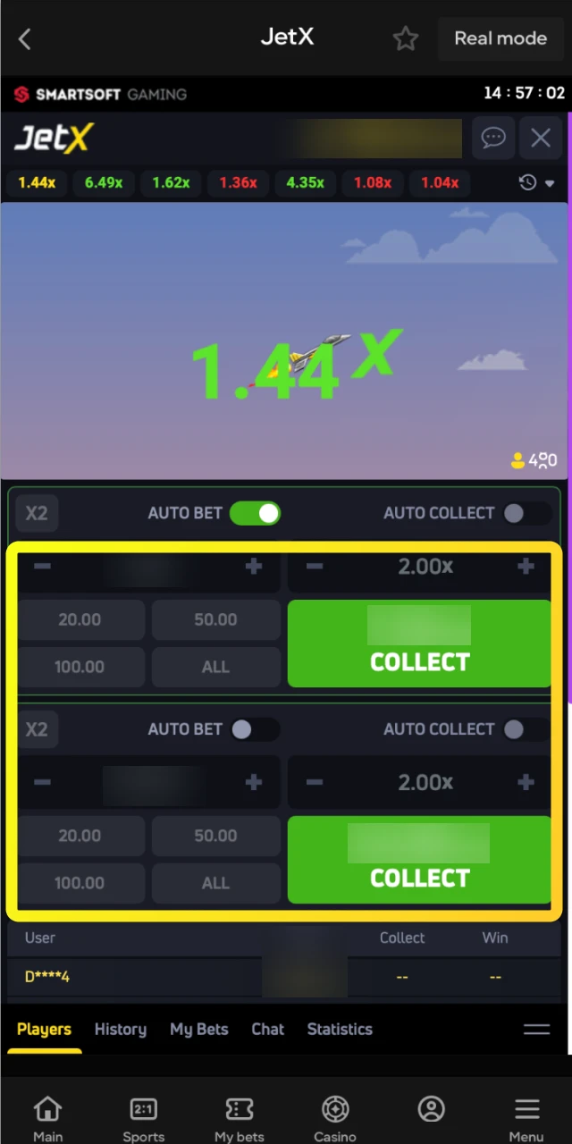 Utilize the dual-bet feature to place two wagers with different strategies in a single JetX round.