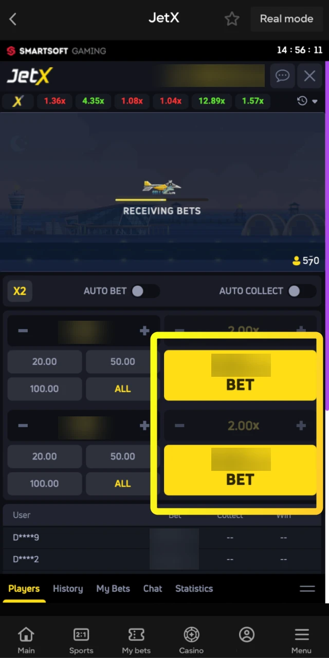 Configure your bet amount and choose between manual or automatic cashout modes in JetX.