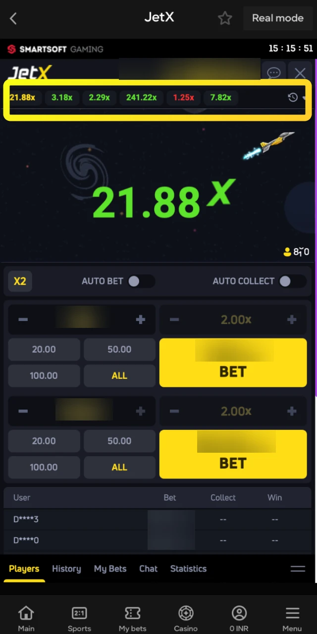 The history table displaying the latest multiplier results from previous JetX rounds on Parimatch.