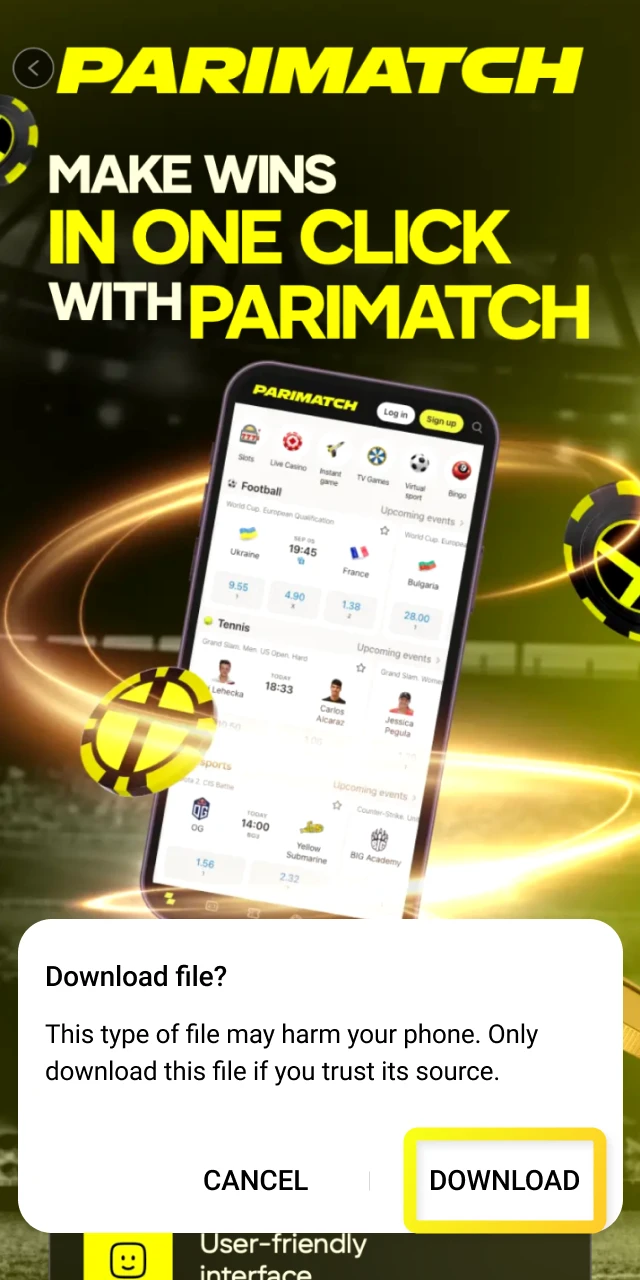 Confirm the download in your browser to securely save the Parimatch app APK file.