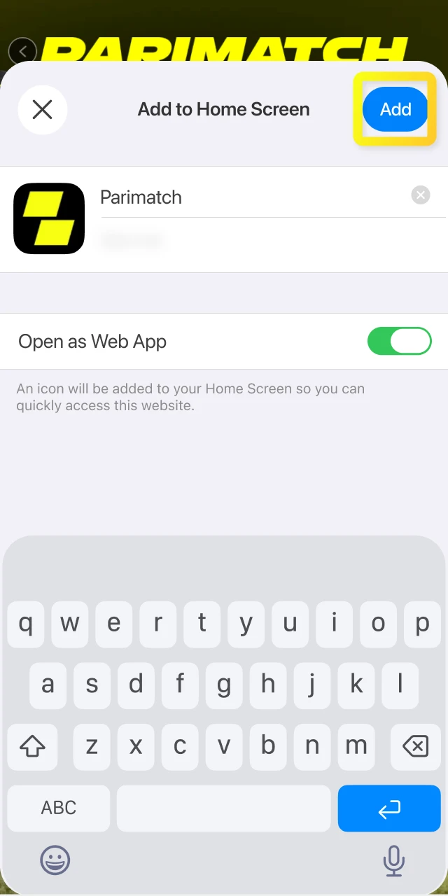 Finalize the shortcut creation by naming and adding the Parimatch icon to your home screen.