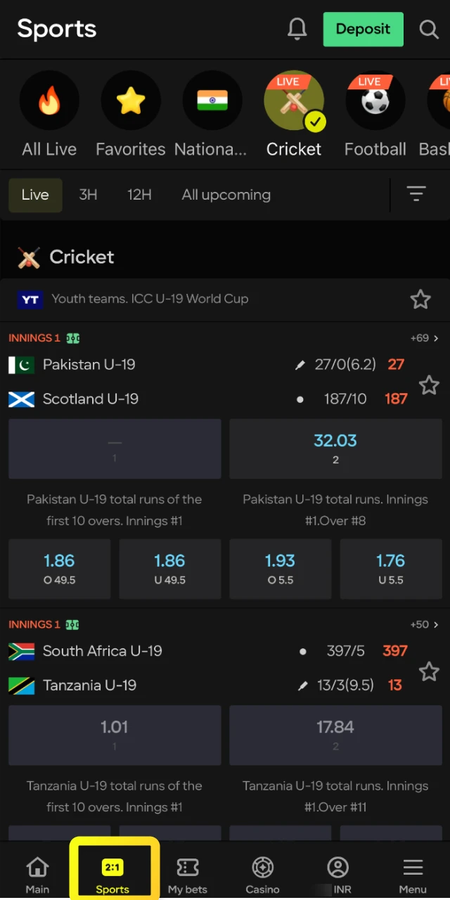 Access the sports betting section by logging into your Parimatch account and tapping Sports.