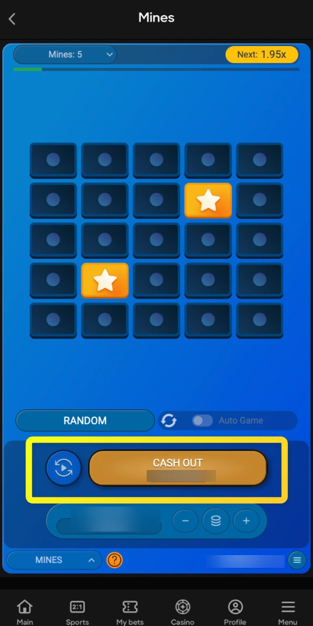 Press the cashout button at any moment to secure your accumulated winnings in Mines.