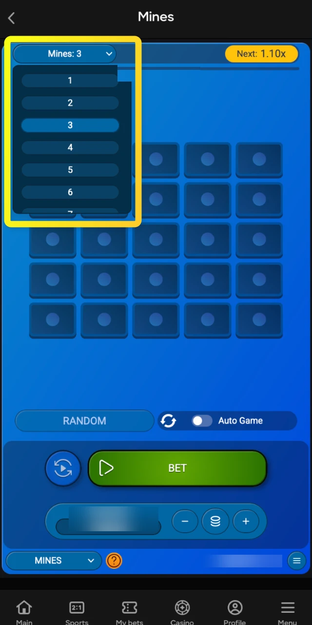 Select the difficulty level by choosing how many mines are hidden on the game board.
