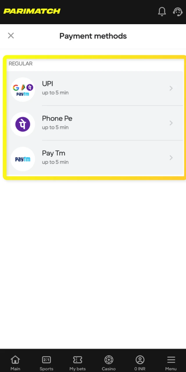 Add Indian Rupees to your Parimatch balance using a convenient local payment method.