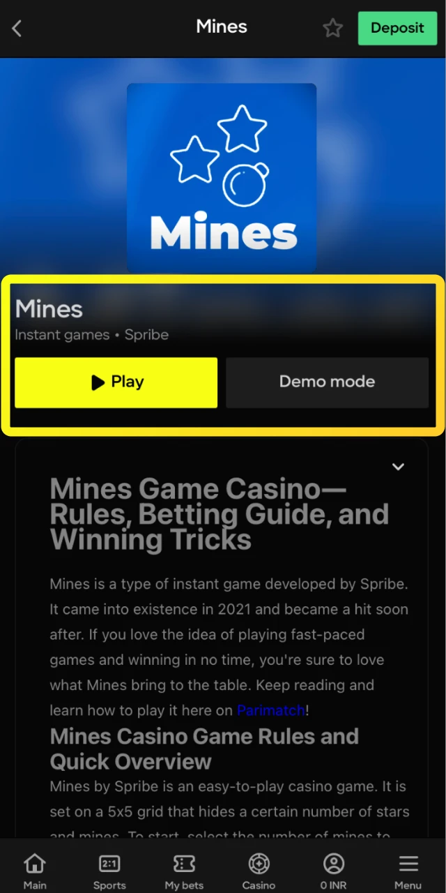 Find and launch the Mines game from the instant games section on Parimatch.