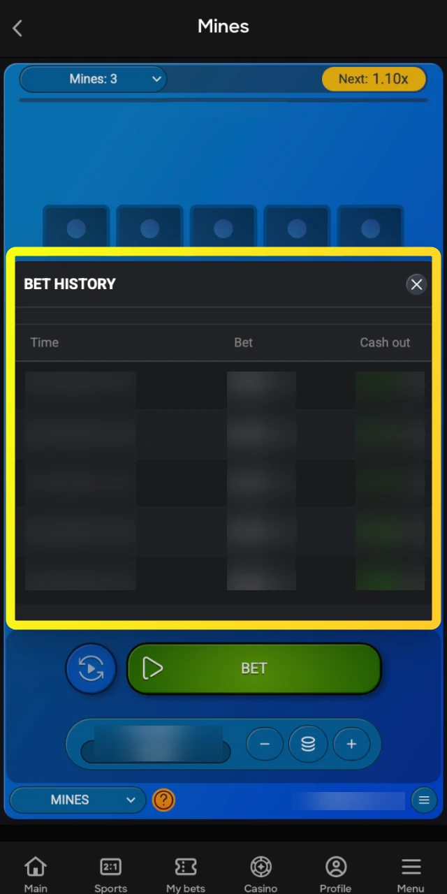 View statistics of your gameplay and the leaderboard showing top players in Parimatch Mines.