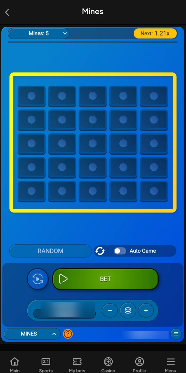 The main Mines game grid where you tap tiles to avoid hidden mines on the Parimatch platform.