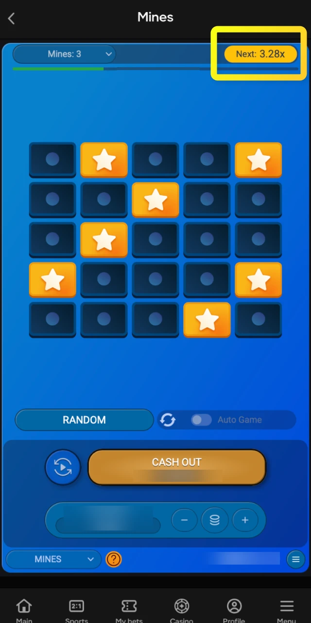 The real-time display showing the current win multiplier during an active Mines round on Parimatch.