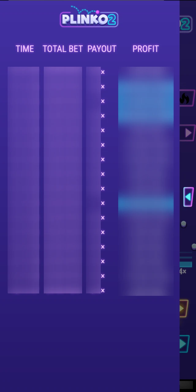 The history panel displaying recent results and multiplier outcomes in Parimatch Plinko.