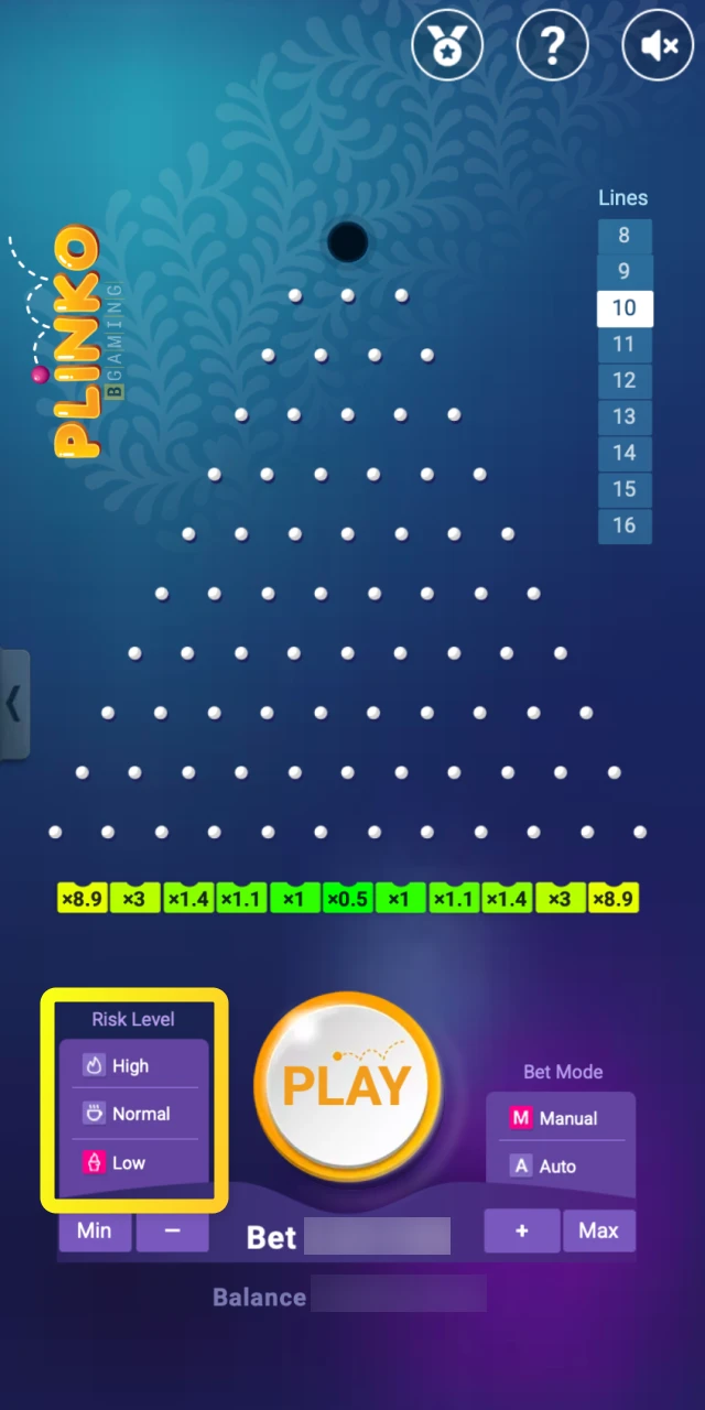 Select your preferred risk level to change the multiplier values in Plinko on Parimatch.