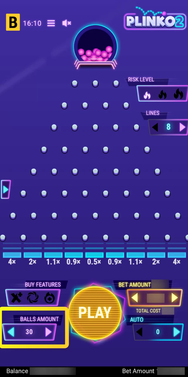 The interface for activating multi-ball mode to play with several balls simultaneously in Plinko.