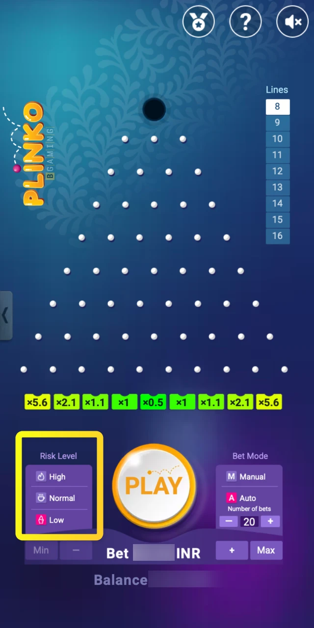 The control for choosing between low, medium, or high-risk multiplier tables in Plinko.