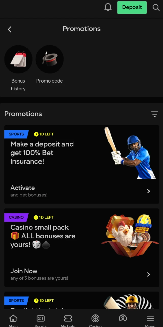 Manually select and activate the welcome bonus from the promotions section of Parimatch.