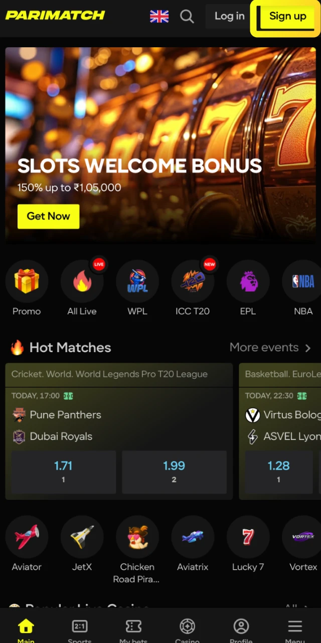 Launch the Parimatch mobile app and begin registration by tapping the 'Sign Up' button.