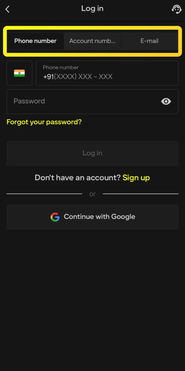 Tap the login button and select your preferred authentication method in the Parimatch app.