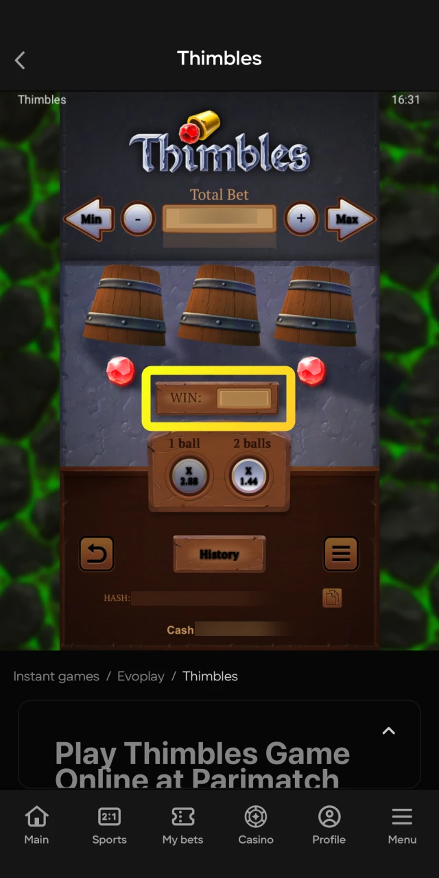 Reveal the final result to see if your chosen cup contains the hidden ball on Parimatch.