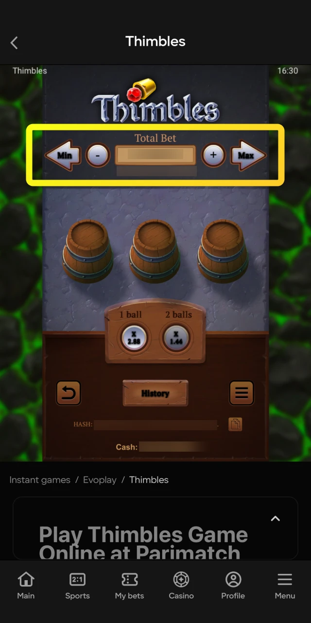 Select your wager amount before starting a round in the Thimbles game on Parimatch.