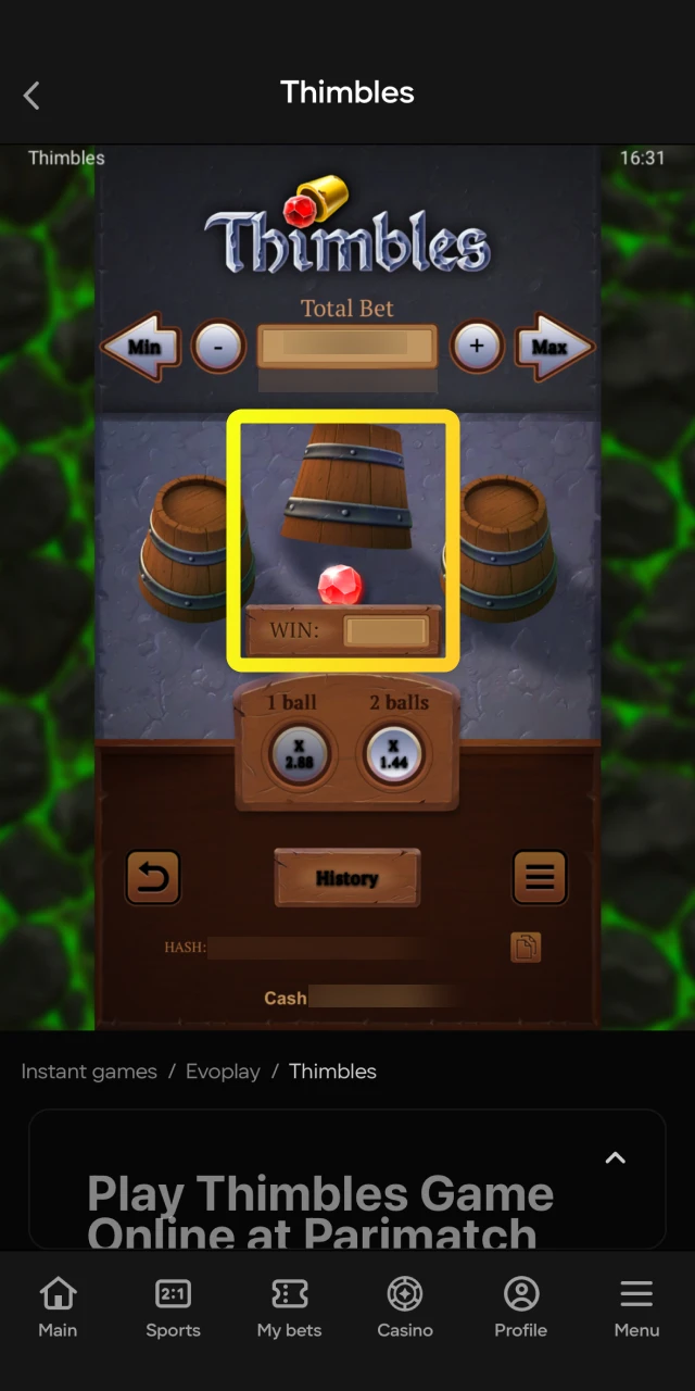 Tap on one of the three cups to make your final guess in the Thimbles game.