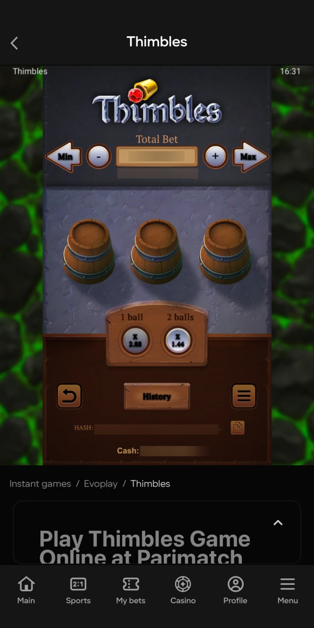 The main gameplay interface for the Thimbles (Наперстки) game on the Parimatch platform.