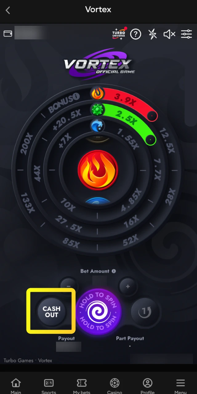 The conclusion of a Vortex round, showing your final result and payout on Parimatch.