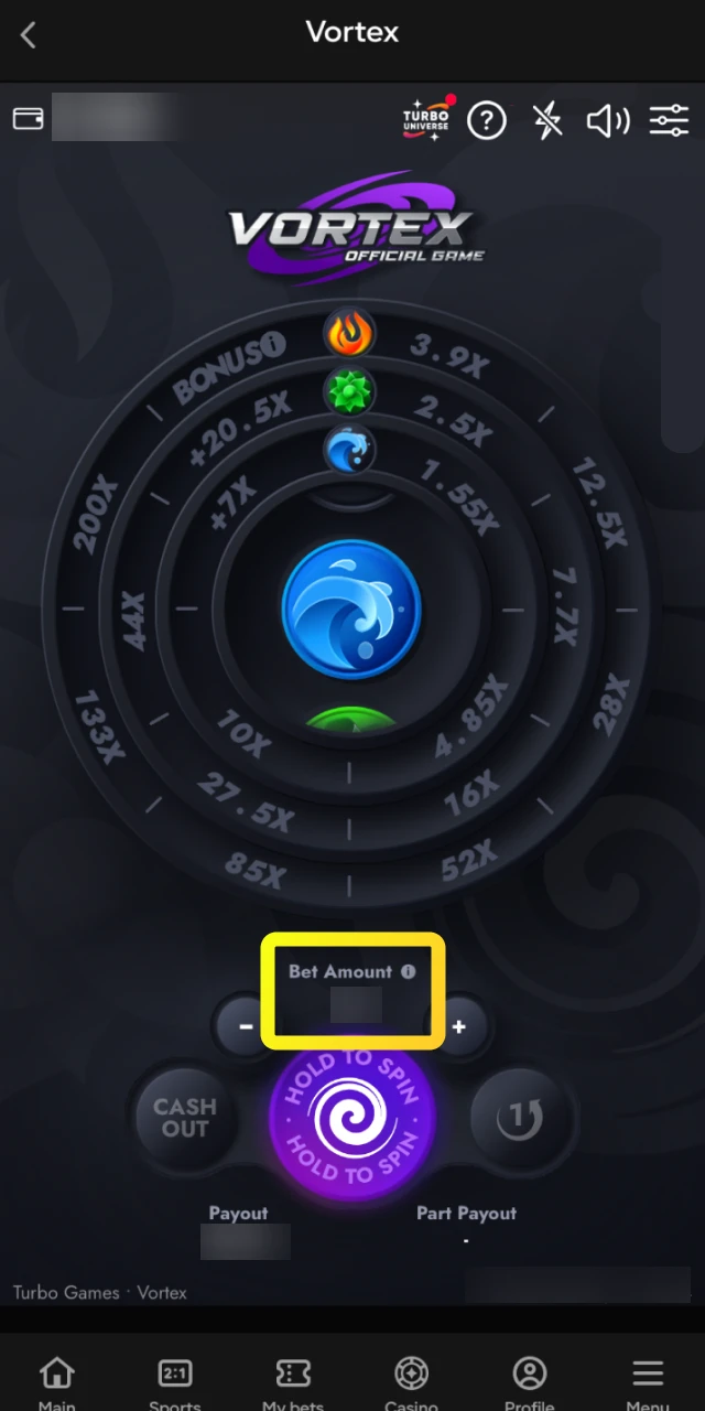 Adjust your wager amount using the plus and minus controls before starting a Vortex round on Parimatch.