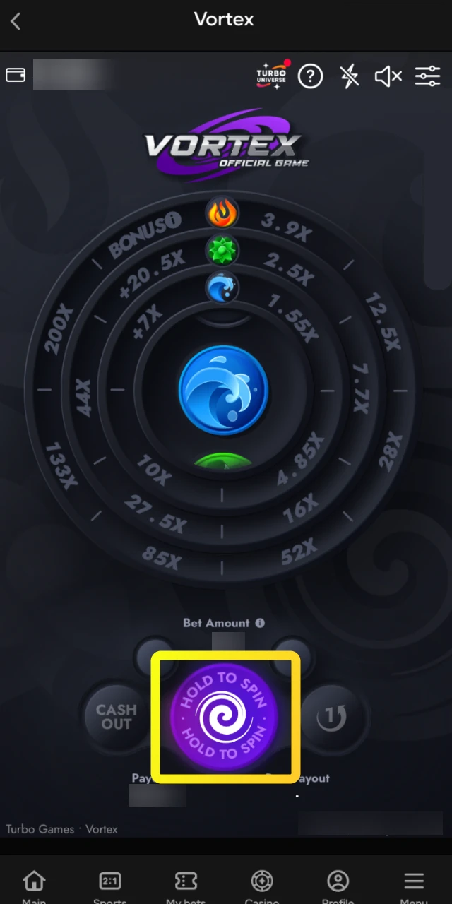 Press the spin button to initiate a new game round in the Vortex game on Parimatch.