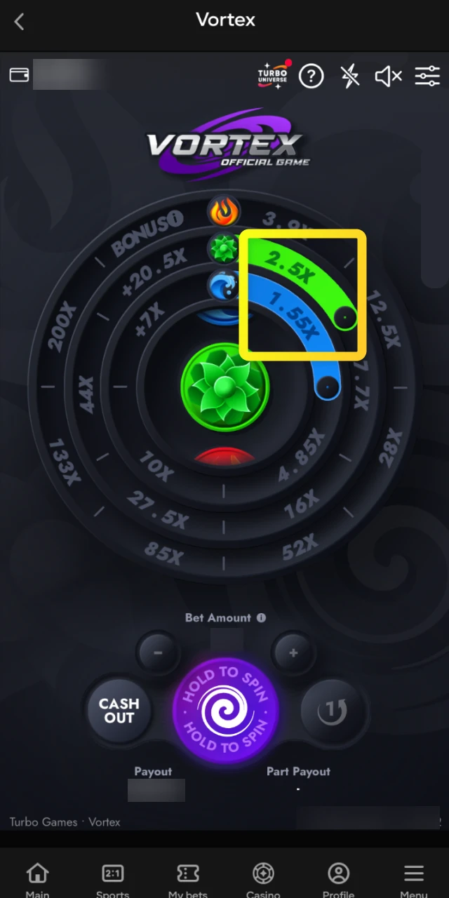 Monitor the rising multiplier as you successfully light up segments in the Vortex game.