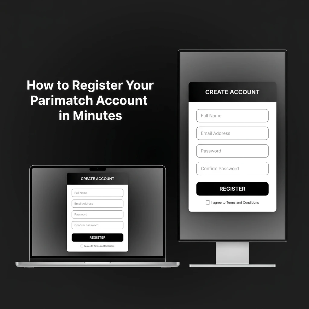 Parimatch account registration steps on desktop showing sign-up form with phone, email, and social login options