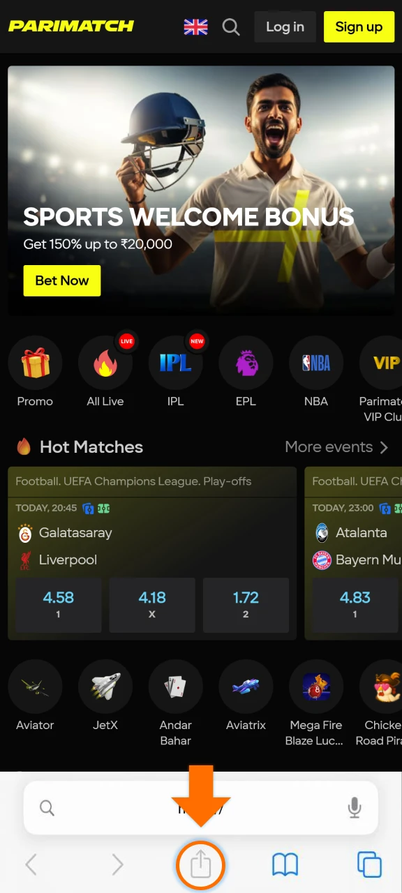 Tap the share button on the iOS browser for Parimatch setup.