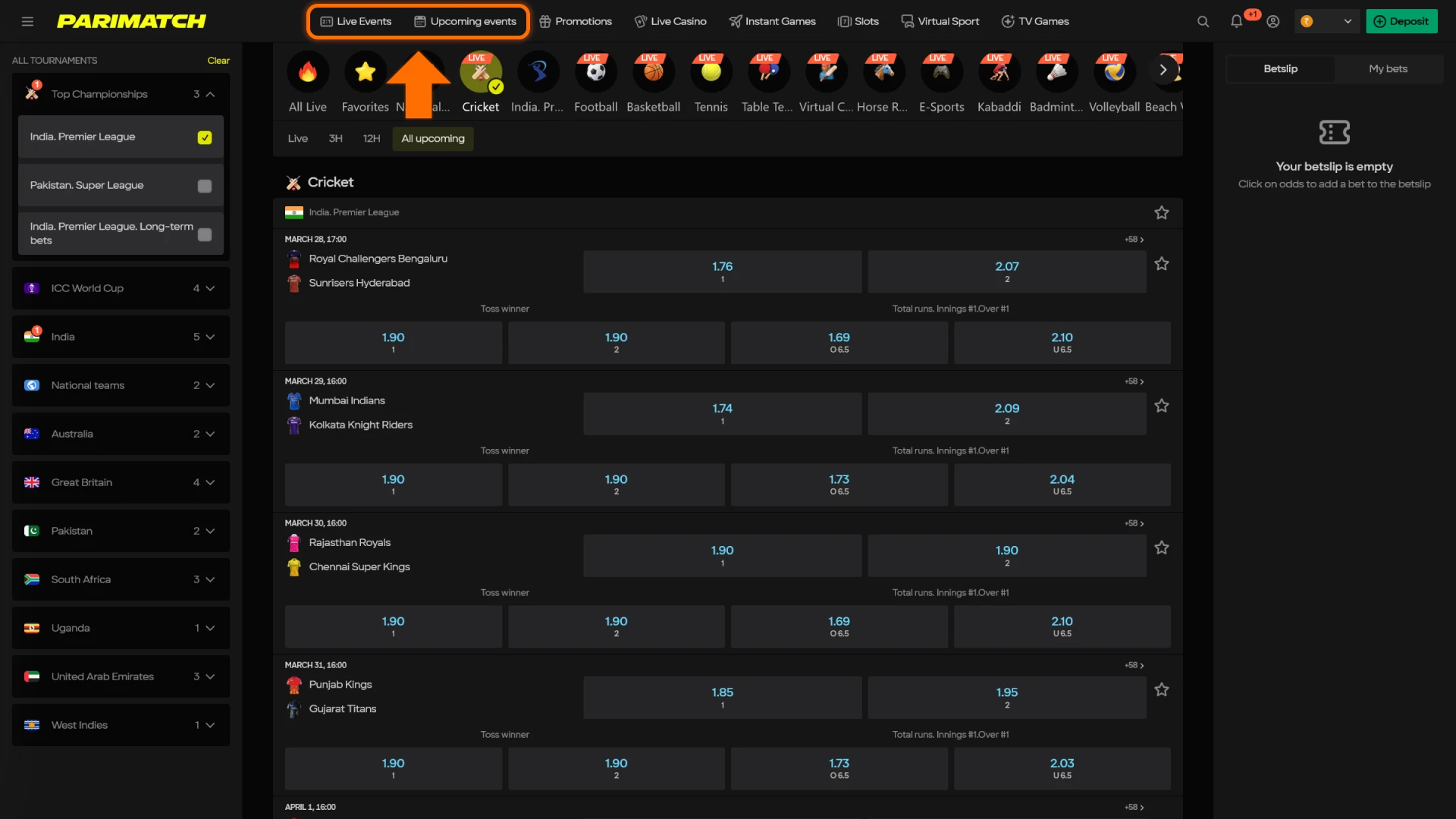 Locate live betting events for the IPL in the Parimatch App.