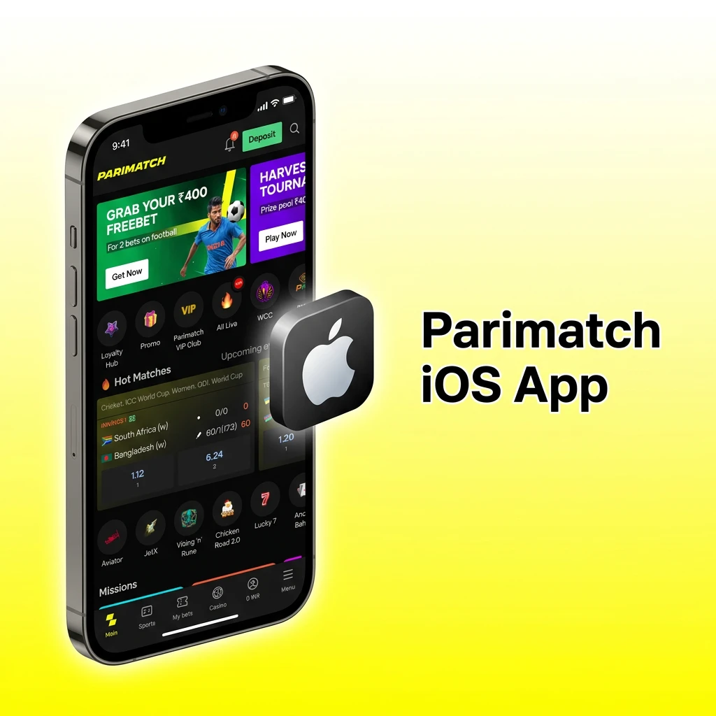 Official Parimatch iOS app for iPhone and iPad, featuring a free download and full website functionality.
