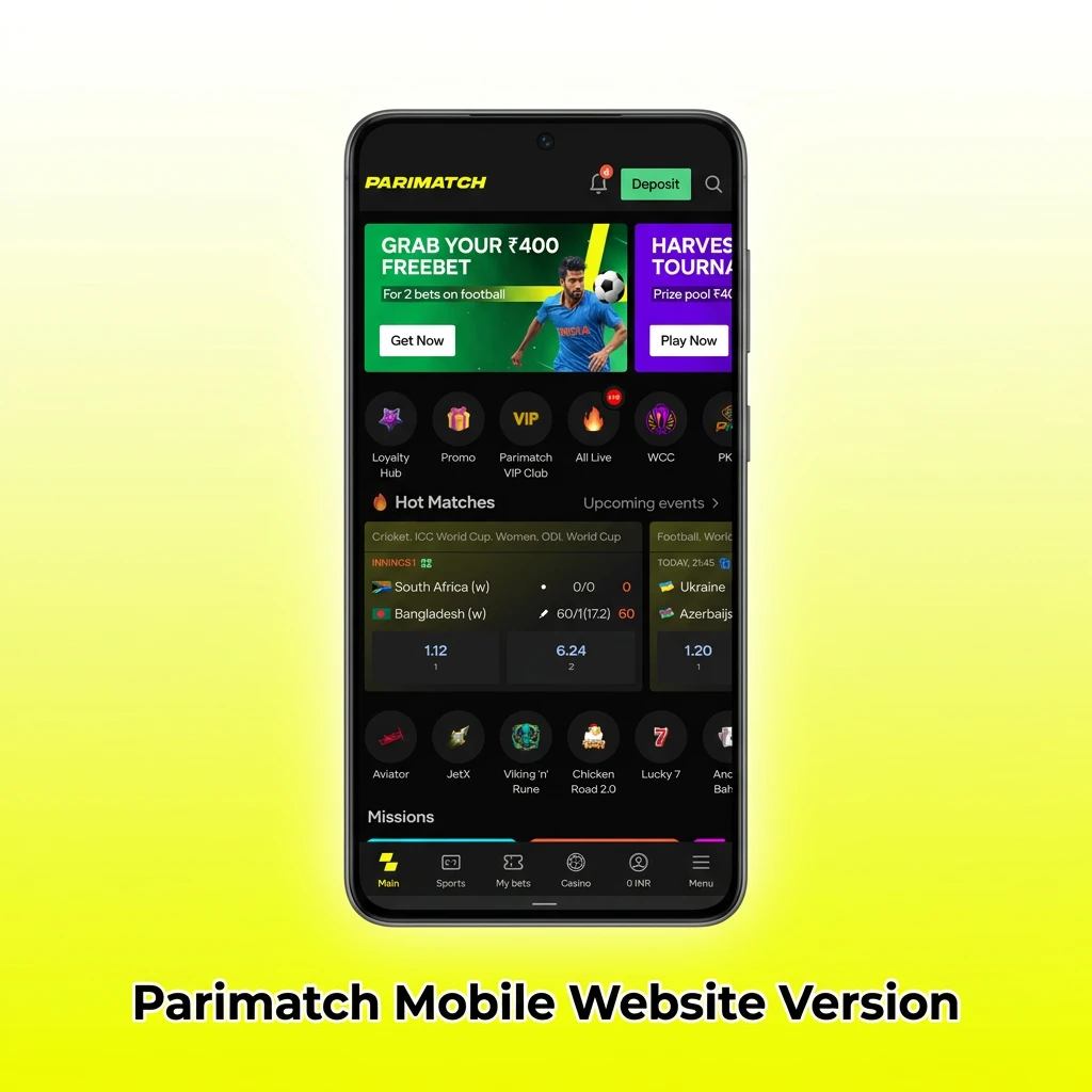 Smartphone displaying the Parimatch mobile website, fully optimized for instant wagering and casino games.