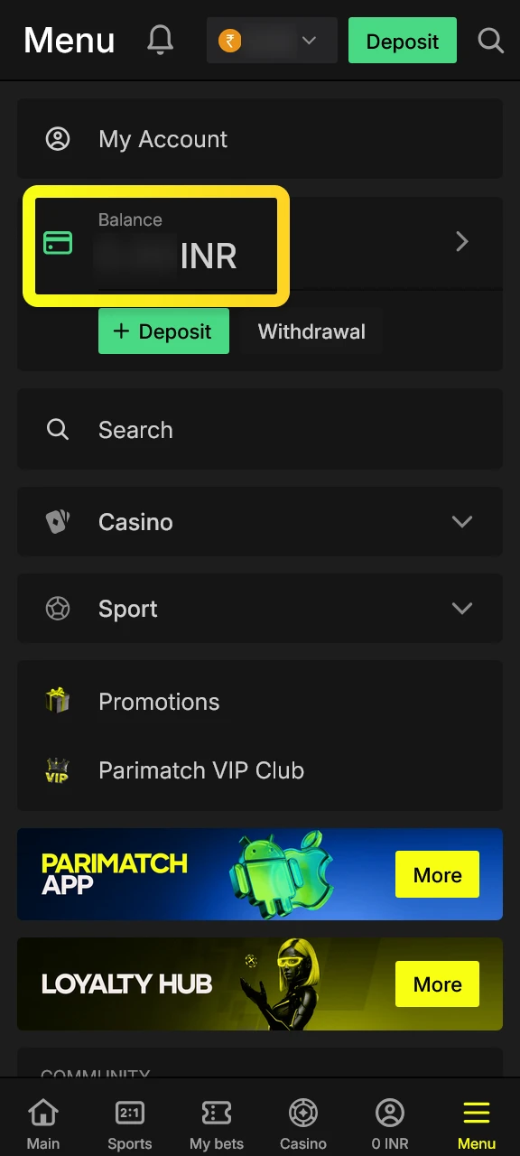 Open the official Parimatch app and find the deposit option instantly.